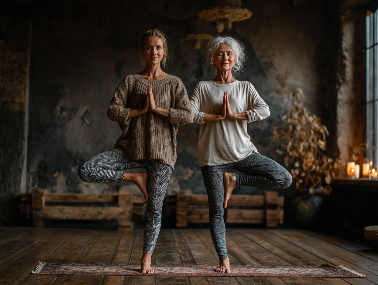 Інструктор консультує старшу жінку з вправ йоги в затишній студії